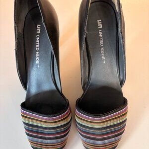 United Nude black heels with multi-striped toes